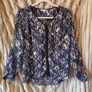 CABI Style #977 Fatale Black Blue Ivory Animal Print Blouse Long Sleeves